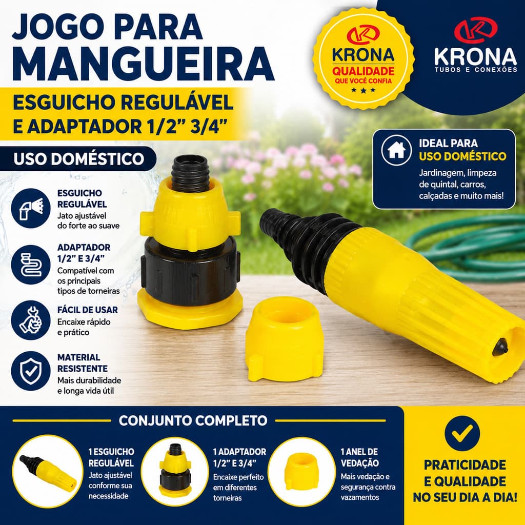 Kit Esguicho Krona Para Mangueira  Regulável e Adaptador 1/2 3/4 Uso Doméstico