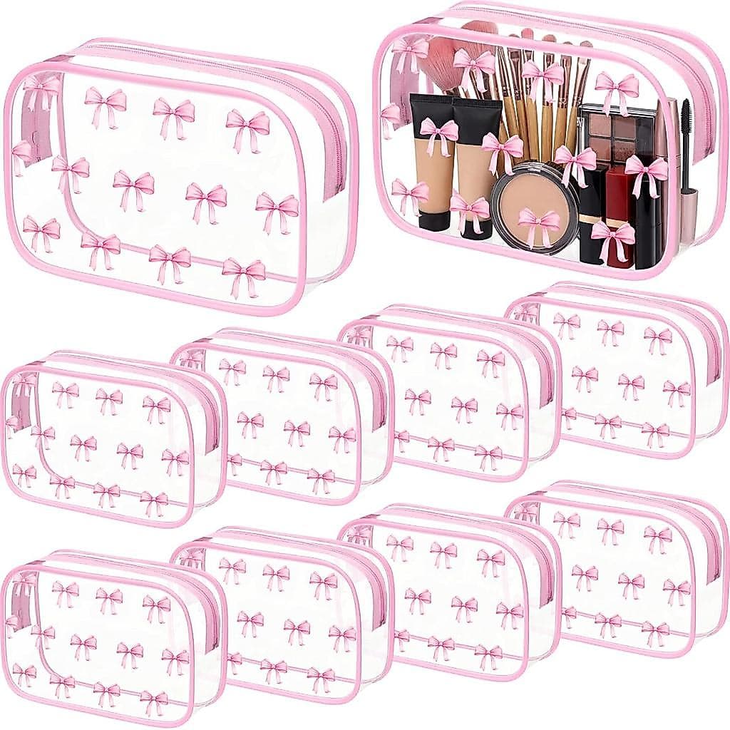 10 Peças de Necessaire Transparente com Laço Rosa, Bolsas de Maquiagem Coquette, Necessaire de Viagem em PVC, Presente P