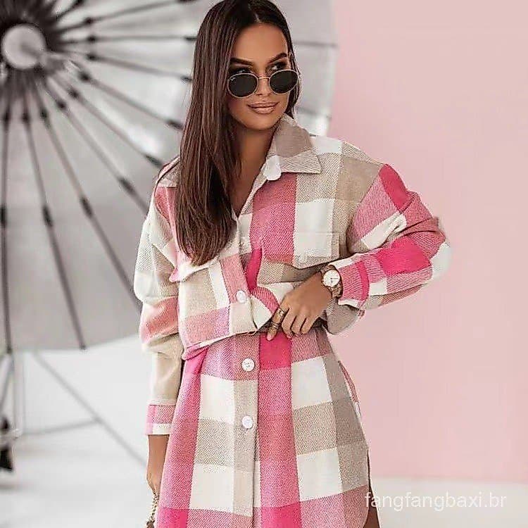 2023 europeu americano outono inverno novos produtos colorido flanela xadrez longo blusão moda camisa jaqueta de lã.