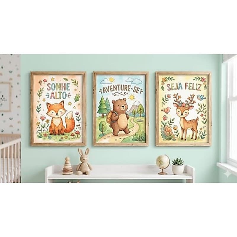 Quadro decorativo infantil 3 peças animais da floresta com frases  motivacionais