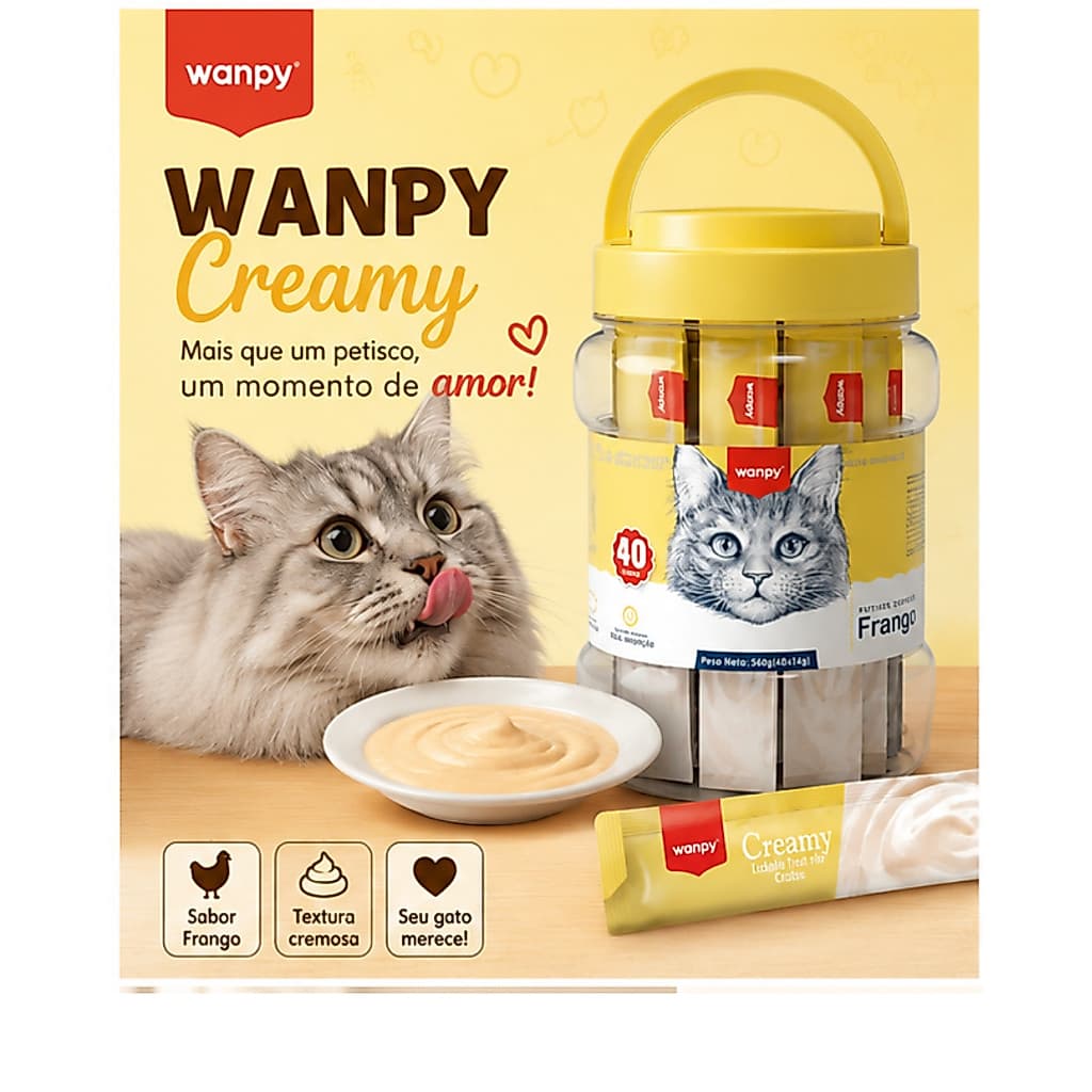 Wanpy Petiscos Cremosos Para Gatos Frango - 40 Unidades, Sem Conservantes, Fácil Administração