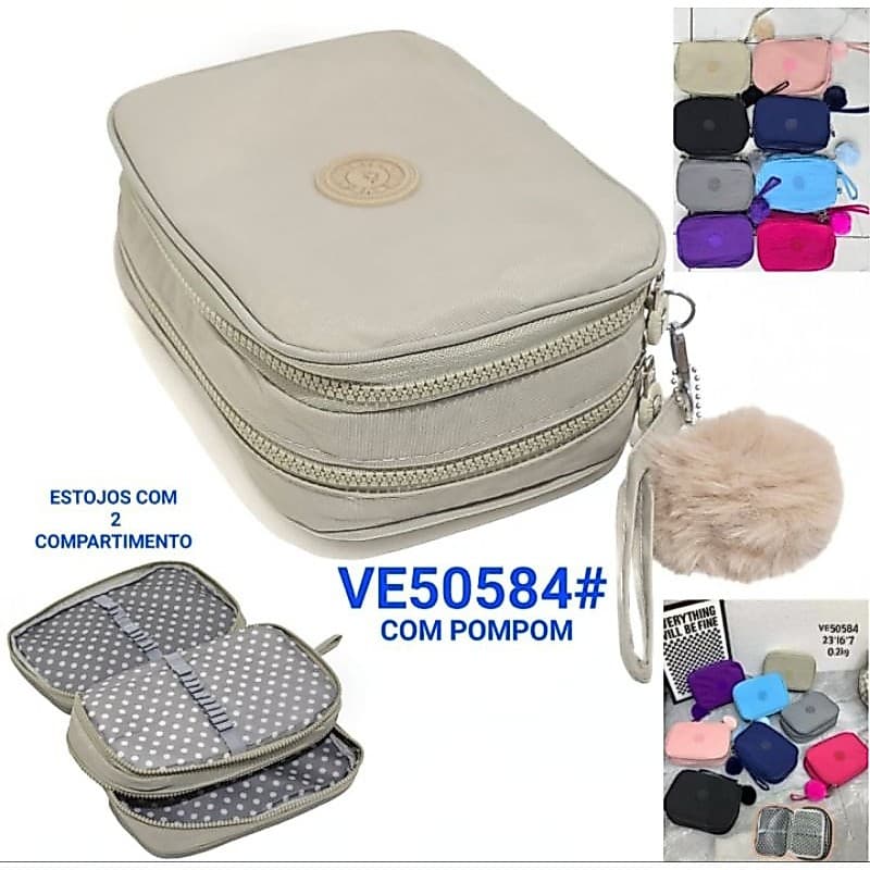 Estojo De Lápis Escolar Juvenil Box Jumbo De Tactel Grande Com 2 Divisórias + PomPom 50584