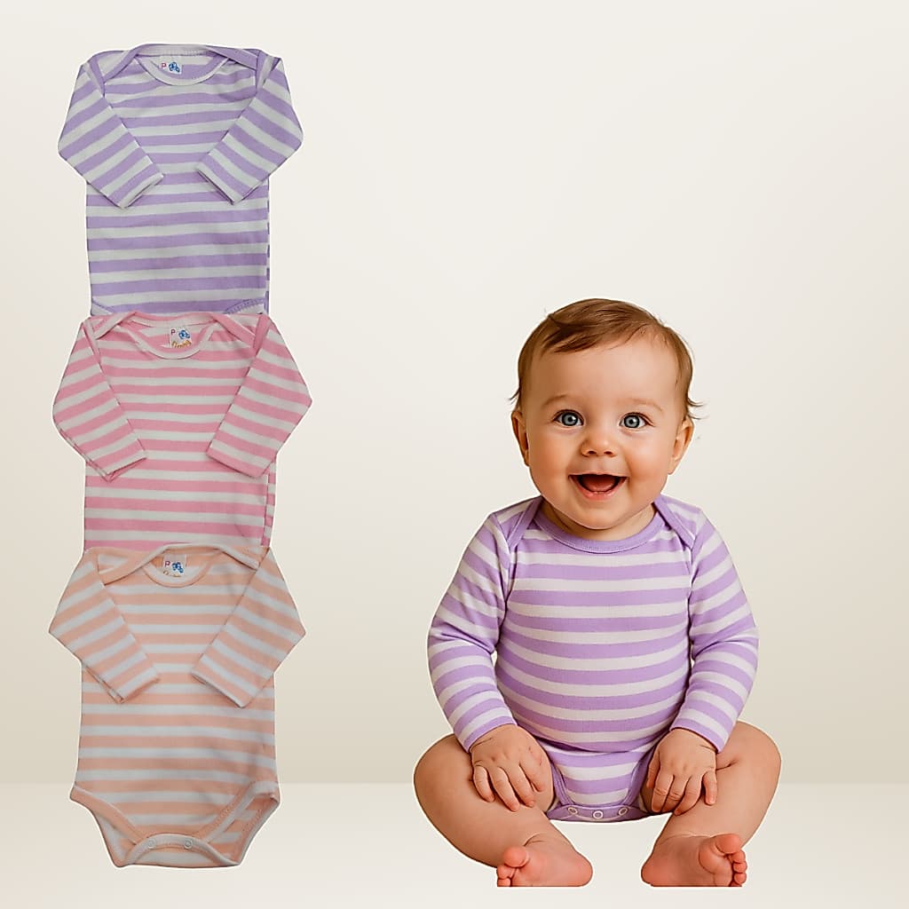 Kit 3 Peças Body Bebê Neném Manga Longa Listrado Neutro Menino Menina Algodão Macio e Confortável