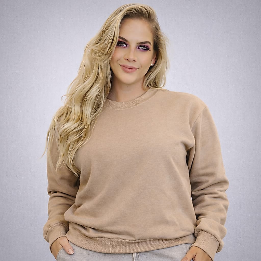 Moletom Feminino Careca Liso gola redonda sem Capuz e Blusa com Ribana Flanelado ou Promoção Estoque de frio