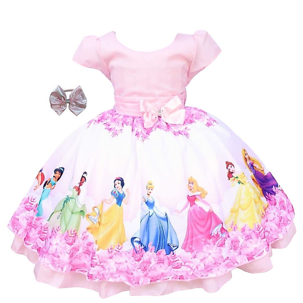 Vestido  Infantil Tematico Princesas Rosa Aniversario Luxo Com Tiara.