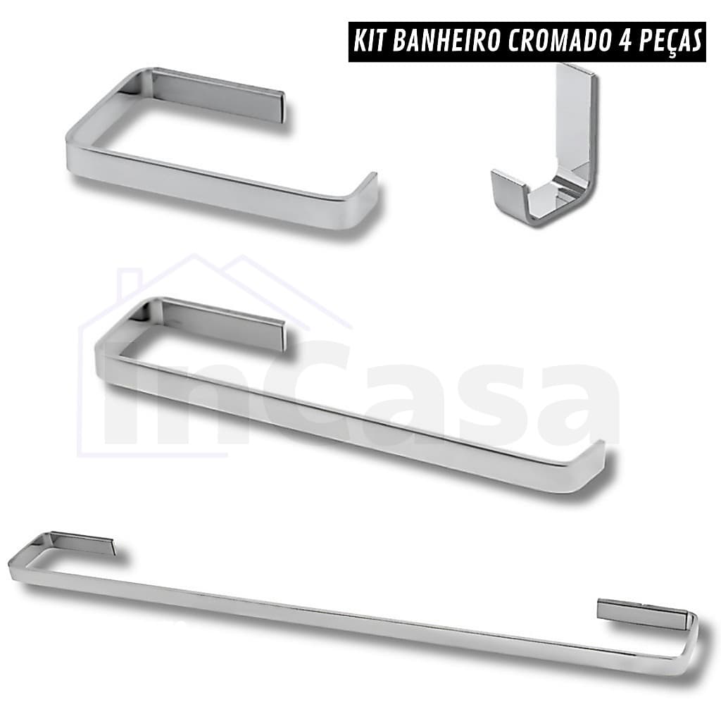 Kit para Banheiro Luxo Quadrado Cromado 4 Peças Inox Alumínio Conjunto de Banheiro Completo