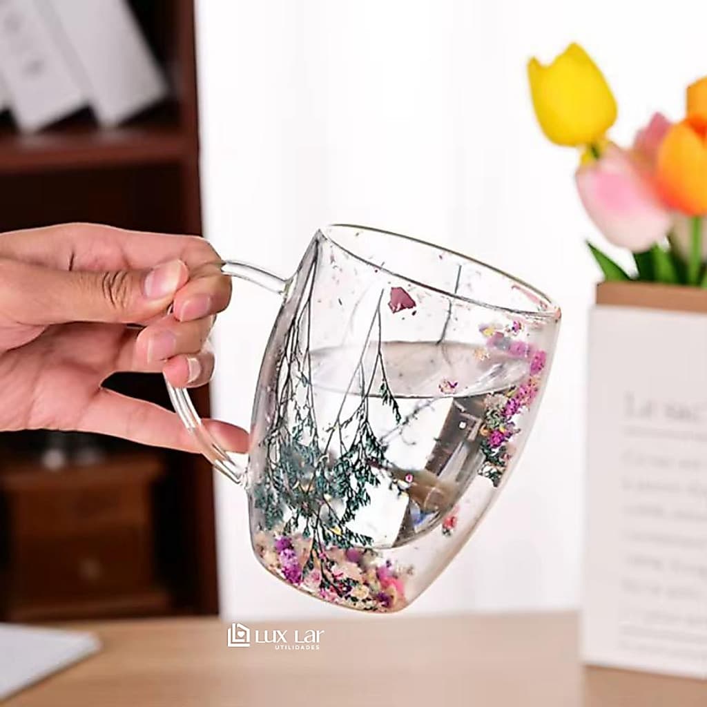 Xícaras para Café Chá Decorada de Vidro Parede Dupla Caneca 350ml Transparente Cristal AMARELA C