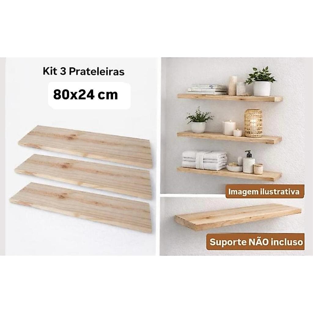Prateleira de madeira, Pinus, Tábua, 80cm x 24 cm, Natural, kit com 3 unidades