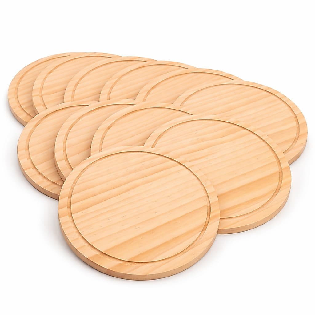 KIT 10 TÁBUAS DE PIZZA REDONDA GRANDE 35CM DE MADEIRA PARA FRIOS, MESA POSTA COM CANALETA SERVIR