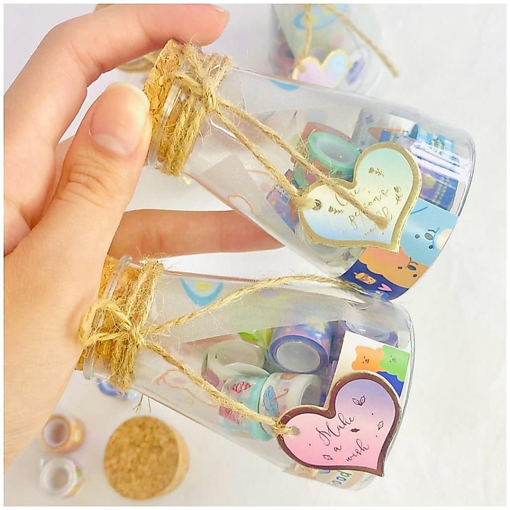 Garrafinha com 12 fitas adesivas washi tape estampadas