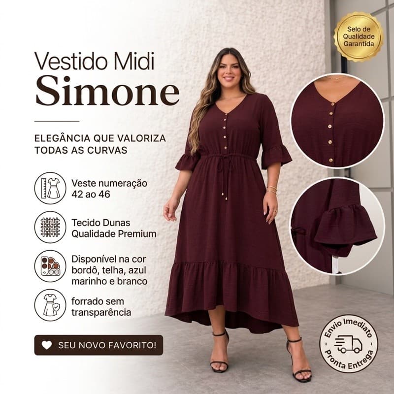 Vestido Midi Feminino Clássico Evangélico Ajuste Tecido Duna Moda Cristã Manga Flare Confortável Fluído Casual Chic