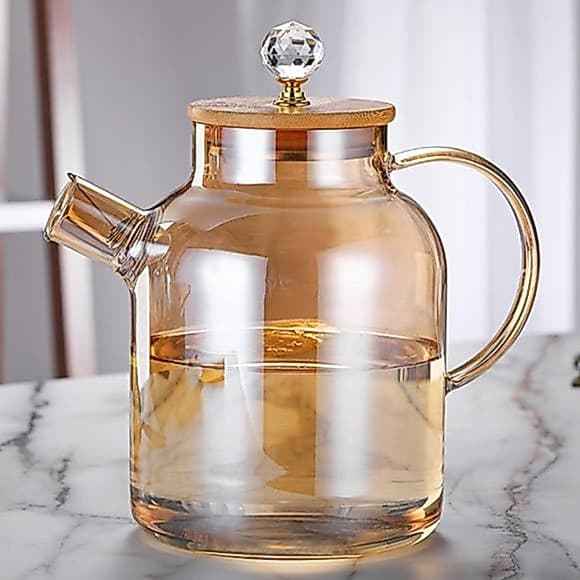 Chaleira de Vidro liso ambar  com Tampa Bambu  cristal Premium Borossilicato 1,8L Bule chá café