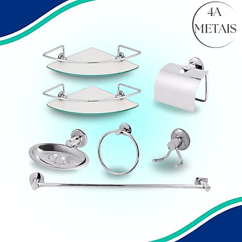 kit 5 peças suportes para banheiro ou lavabo aluminio, aço inox + 2 prateleiras porta shampoo de canto 30cm vidro