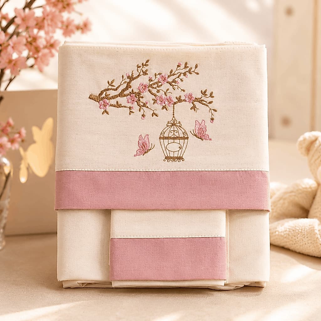 Jogo Lençol  3 Peças Berço Americano 100% Algodão Linho Luxo Menina Rose Flores Jardim Bordado