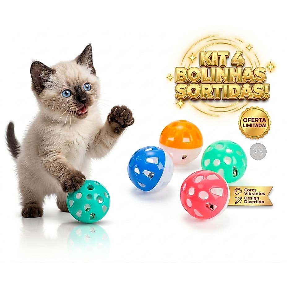 Kit 4 Bolinhas Guizo Plastica para gatos felinos coloridas cores variadas interativa bem estar