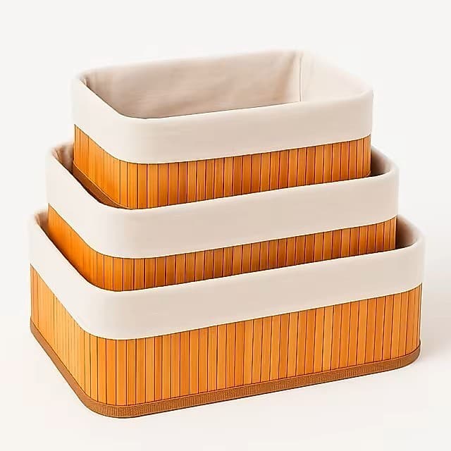 Kit 3 Cestos Organizadores de Bambu Multiuso com Forro