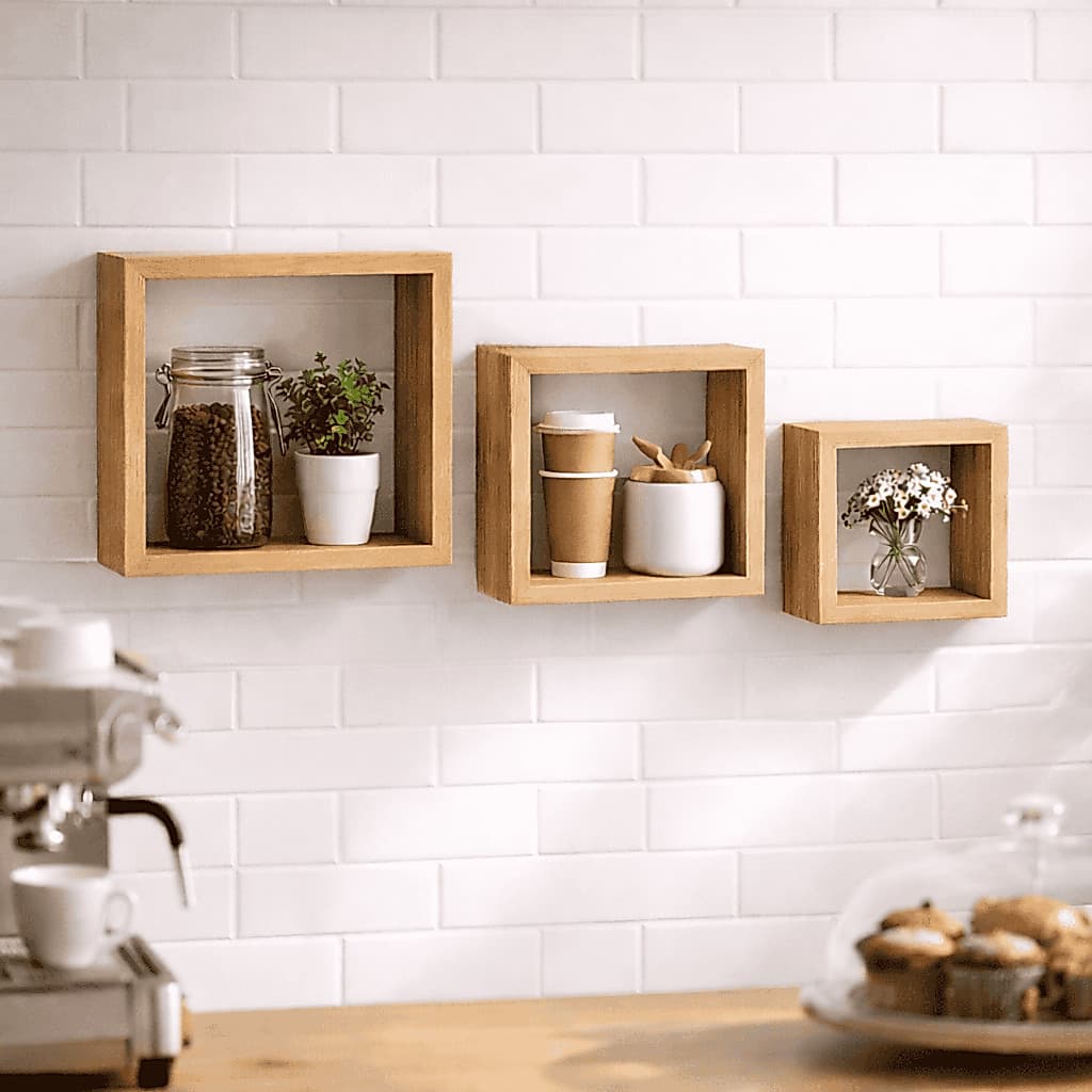 Kit 3 Nichos Quadrados MDF Branco Amadeirado Decoração Moderna Prateleira Suspensa Parede