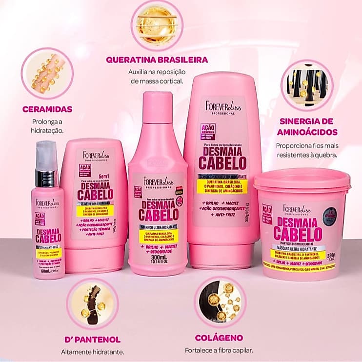 Kit Desmaia Cabelo Completo 5 Produtos Forever Liss - Anti-Frizz/Maciez/Brilho/Protetor Térmico
