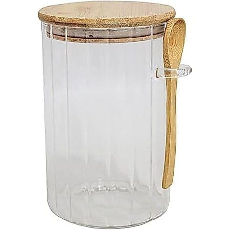 Pote De Vidro Hermético Com Tampa E Colher De Bambu Redondo Organizador Multiuso De Cozinha
