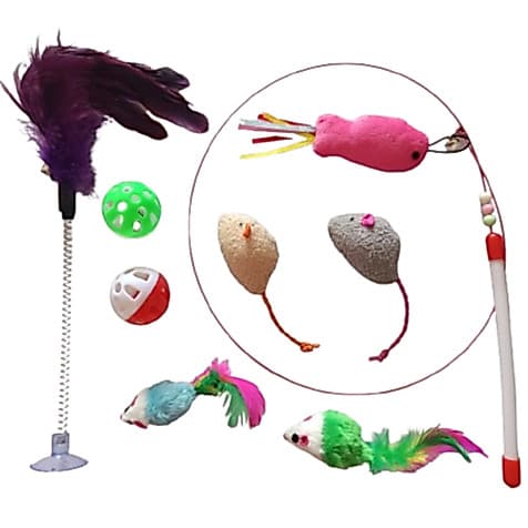 Kit de brinquedos para gatos - penas c/ ventosa + varinha + ratinhos + bolinhas