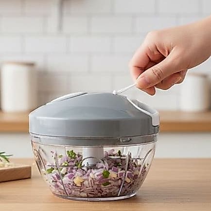 Processador Manual de Alimentos Triturador 3 lâminas 500ml Para Alho Cebola Legumes Cinza