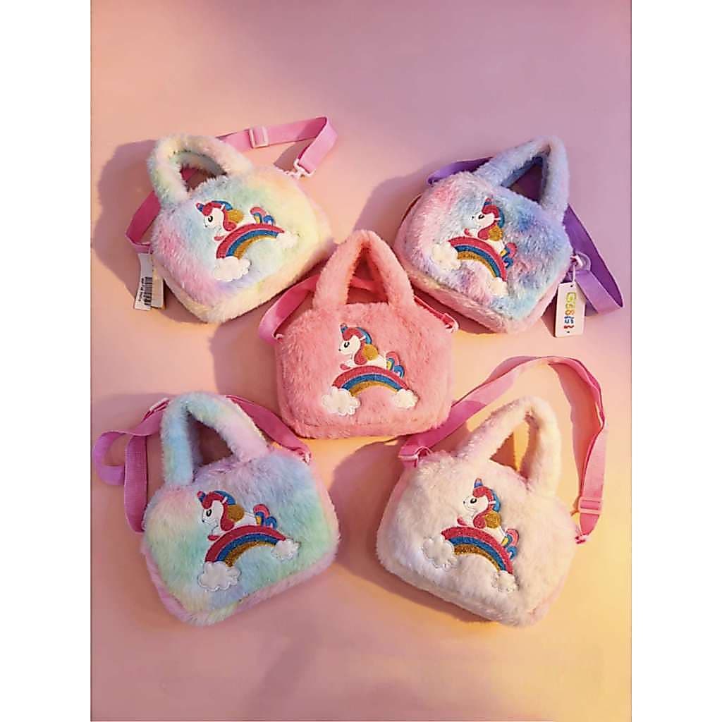 Bolsa de lado infantil pelucia unicornio com alça de mao