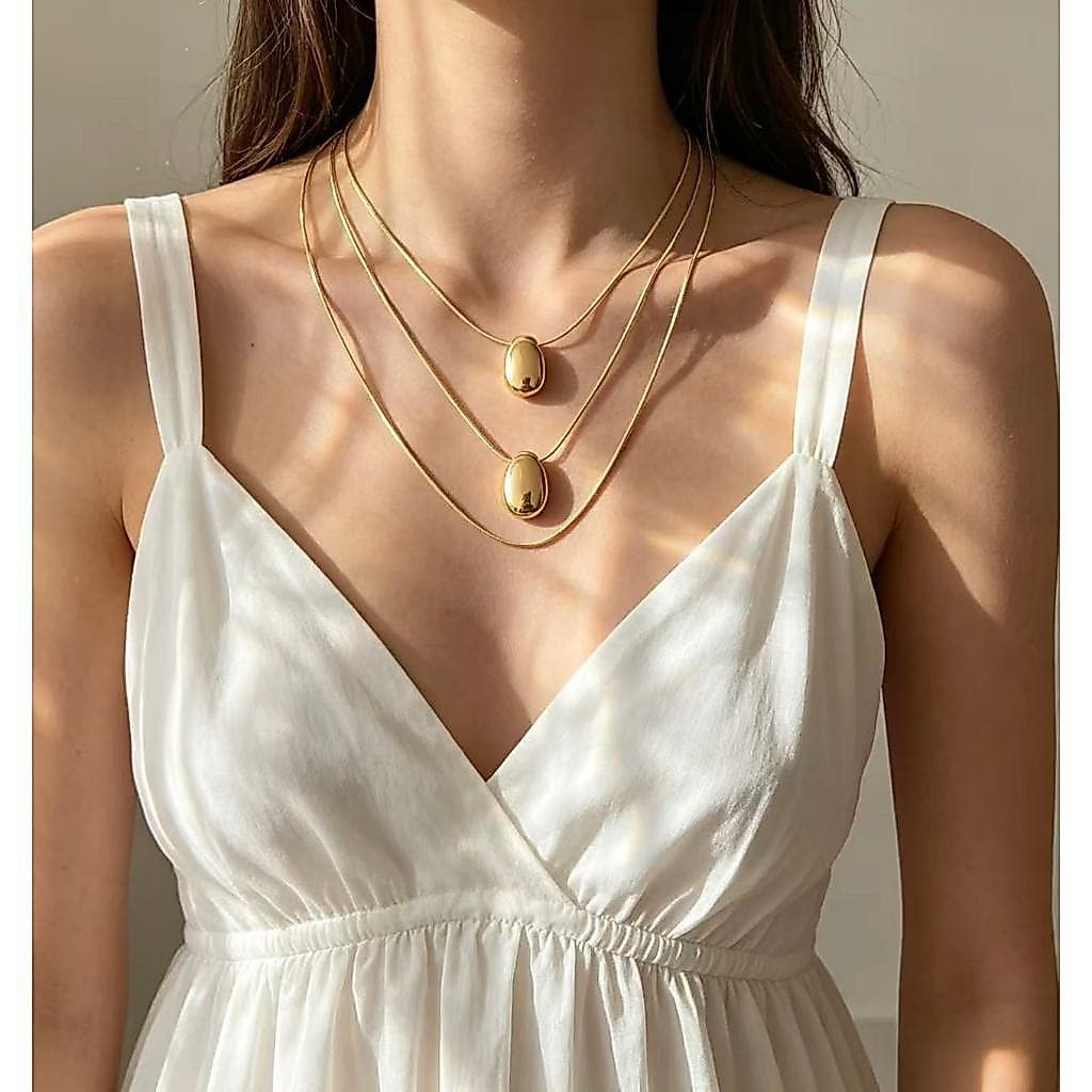 Colar Feminino Pingente Gota Oval 2 Camadas Aço Inoxidável Não Enferruja Estilo Vintage
