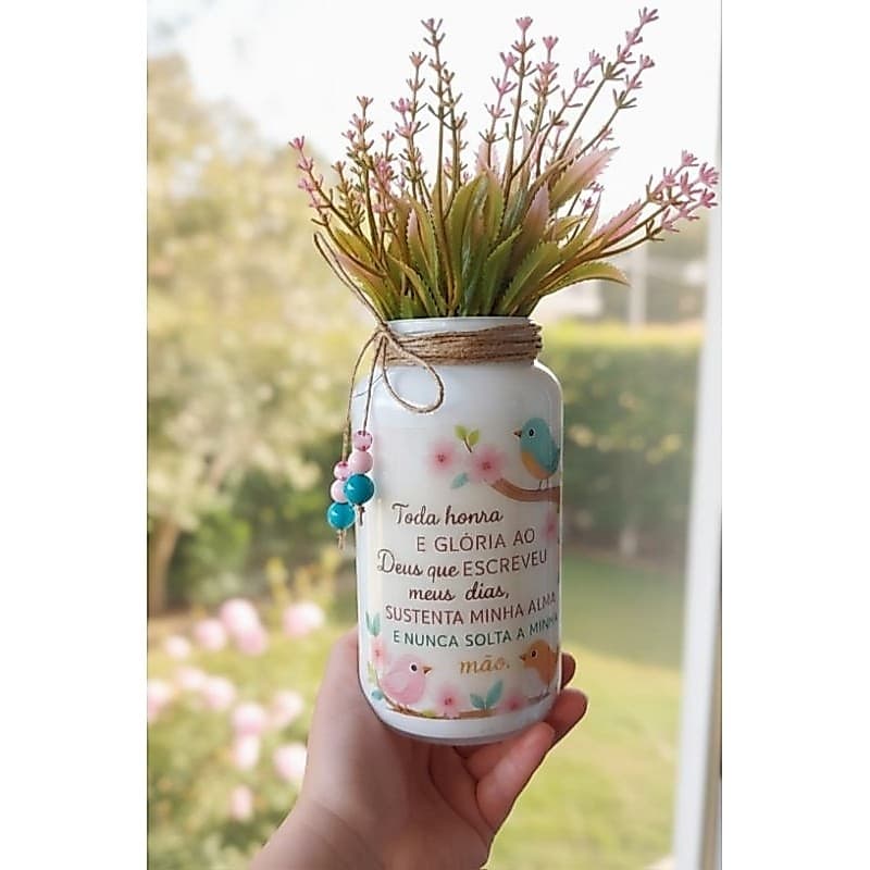 Vaso Artesanal Decorativo de Mesa | Frase Motivacional Fé | Pote Rústico com Flores Passarinhos