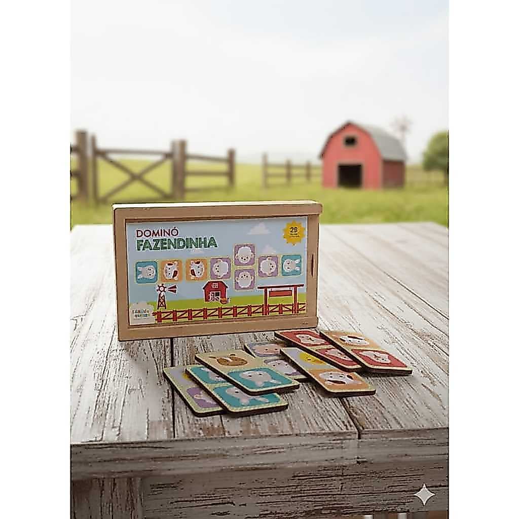 Brinquedo Educativo Dominó Infantil Fazendinha Madeira MDF 28 Peças Jogo Resistente Crianças