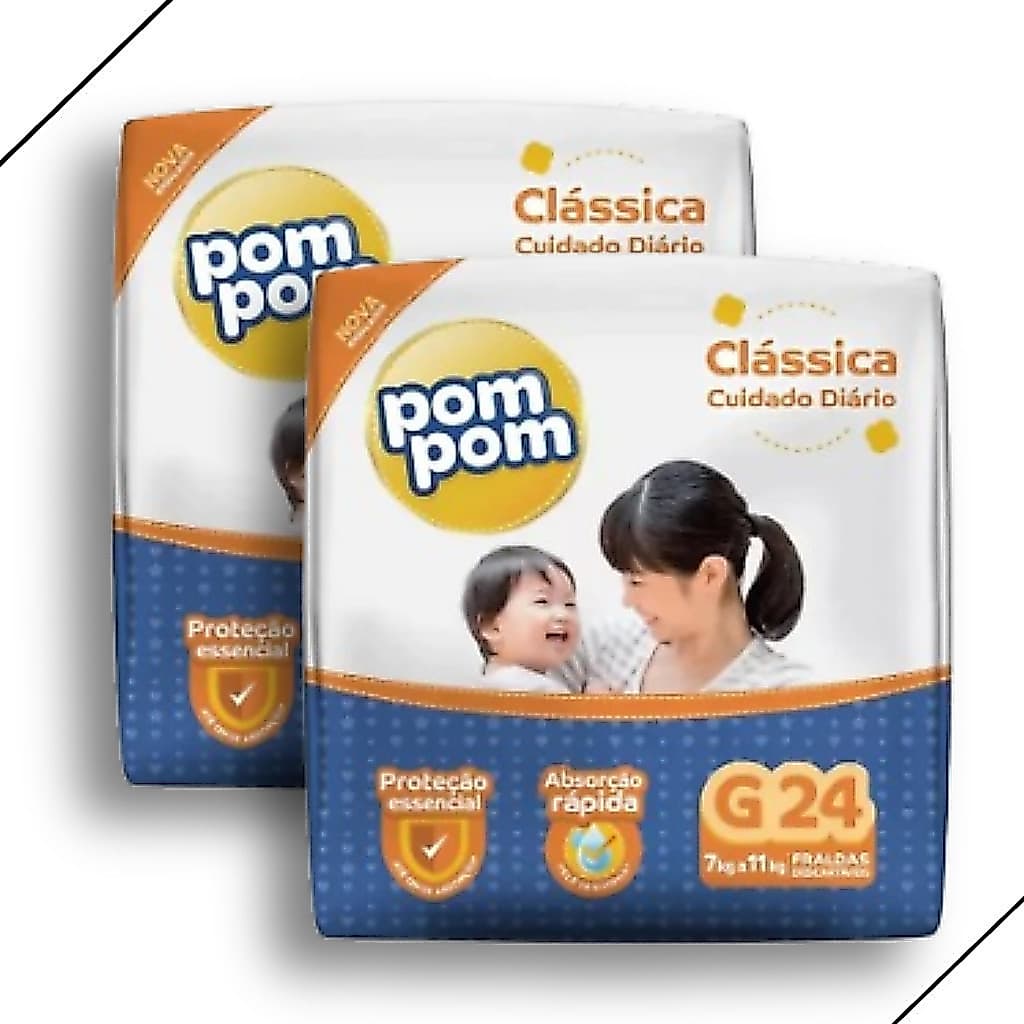 Kit 2 Fralda Descartável Pom Pom Clássica Tamanho G Pacote Jumbo - Total 48 Unidades