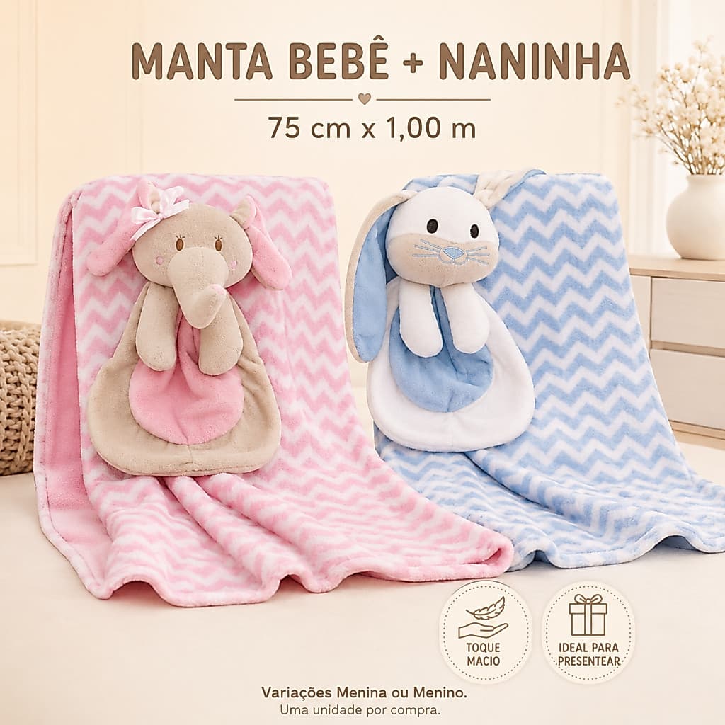Manta Bebê com Naninha Bichinho 75x100 cm Macia Infantil Presente