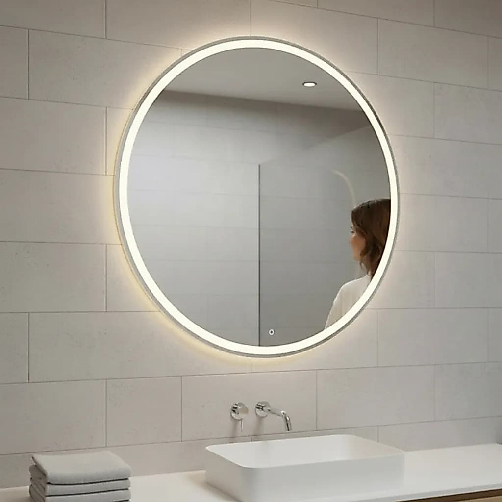 Espelho Redondo Grande 90x90cm com LED 3 Cores Bivolt, Botão Touch, Jateado para Banheiro Quarto Sala Luxo