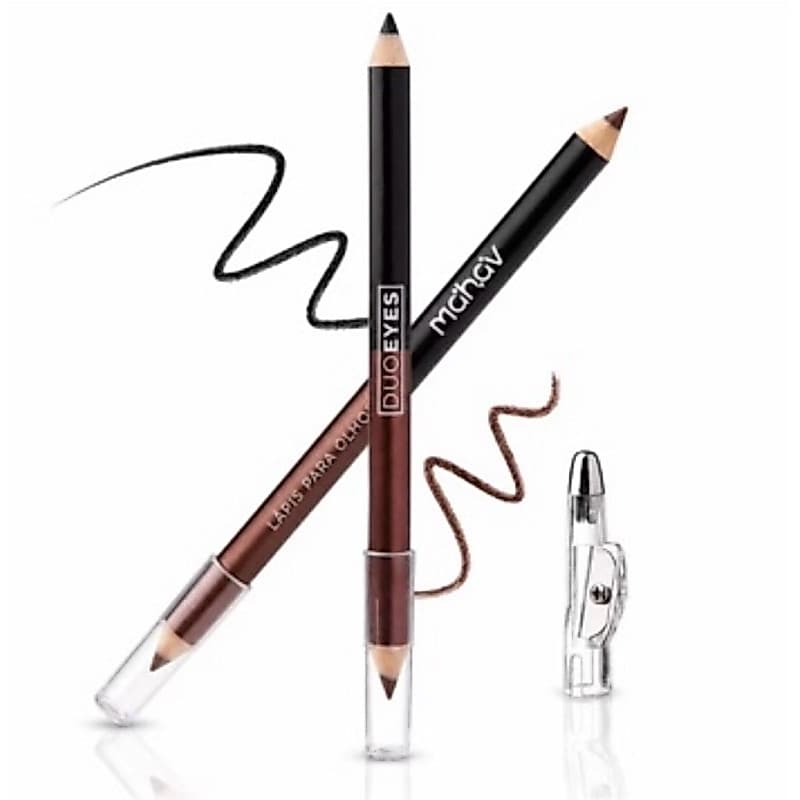 Kit 3 Unidades Lápis de Olhos Duo Eyes Mahav 2 em 1 Preto e Marrom com Apontador