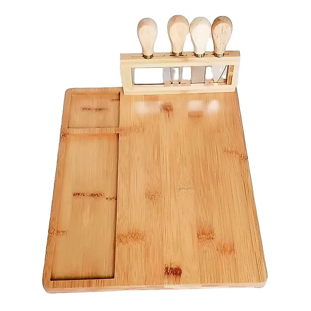 Conjunto de pratos de bambu para queijos e frios (com facas)