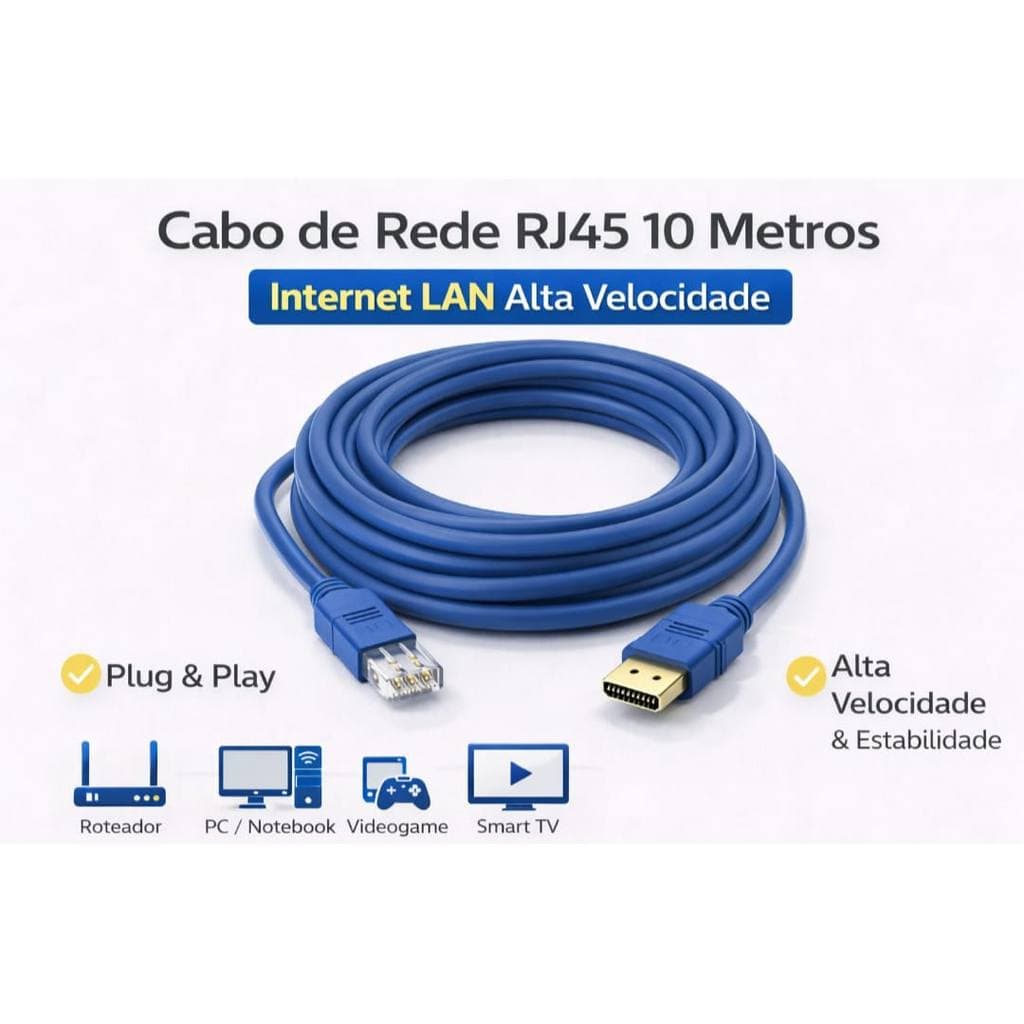 Cabo De Rede Azul RJ45 CAT5 Pc, Notebook, Roteador Smart Tv 10 Metros