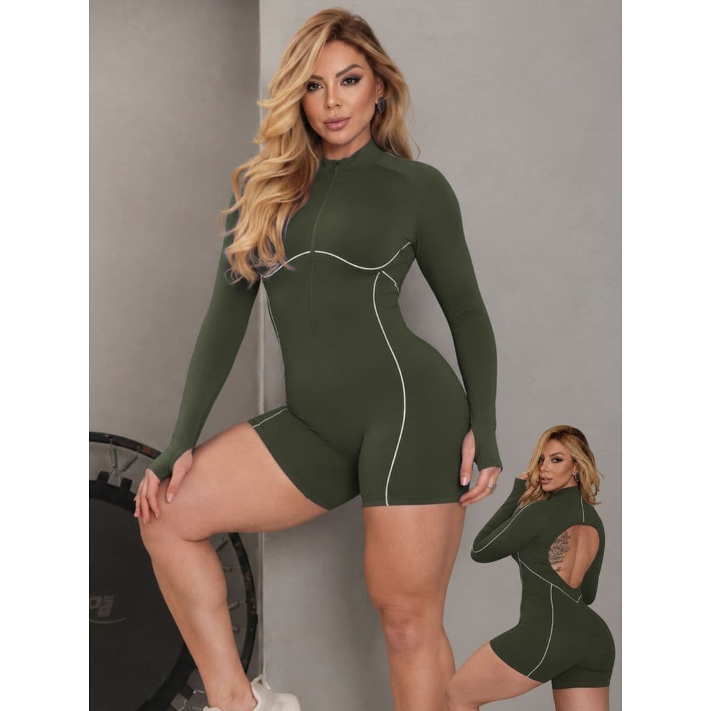 Macaquinho Fitness Feminino Poliamida Manga Longa com Zíper Dedeira Modelador Academia Sem Transparência