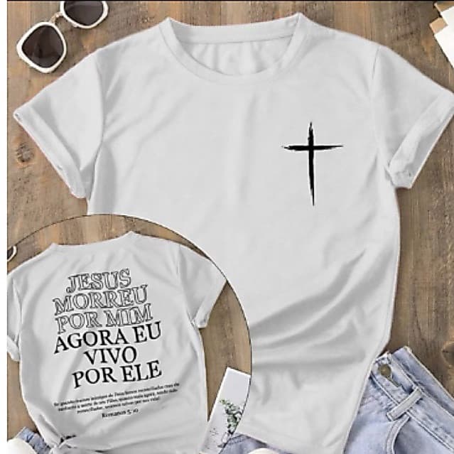 Camiseta Premium Feminina 100% Algodão Cristã Evangélica Cruz Vivo Por Ele Envio Imediato