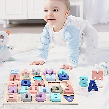 Qiaozhimu carta quebra-cabeça menino bebê menina bloco de construção número de madeira 1-3 anos educação precoce E