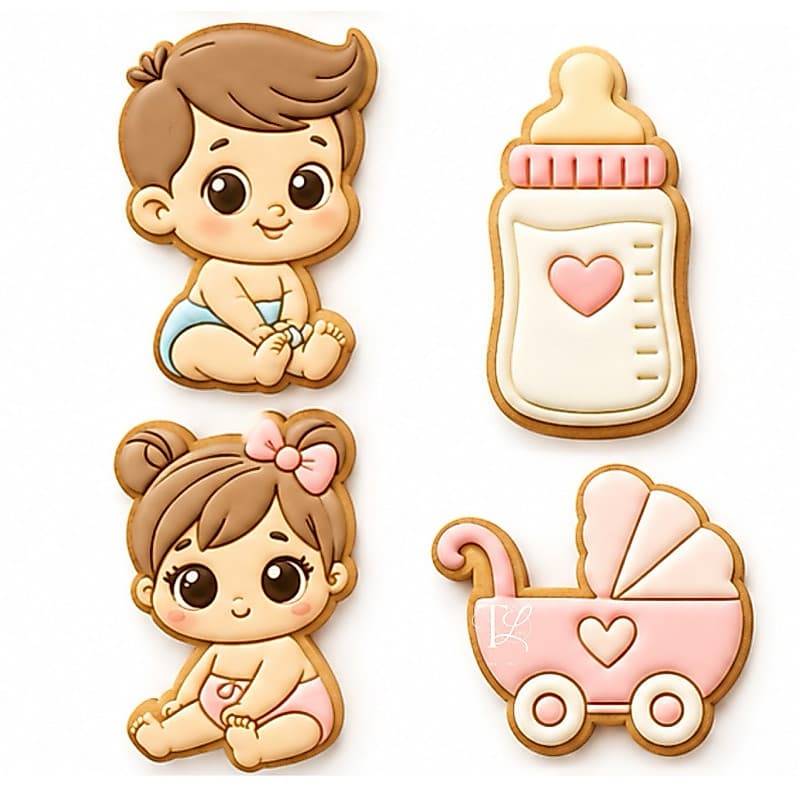 Cortador de Biscoitos e Marcador Chá Revelação, Menino, Menina, Mamadeira e Carrinho! Artigo de confeitaria