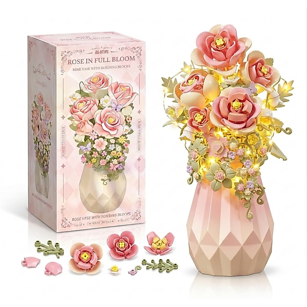 Mini Blocos de Montar Flores Decorativas quantidada de pecas variadas com iluminação