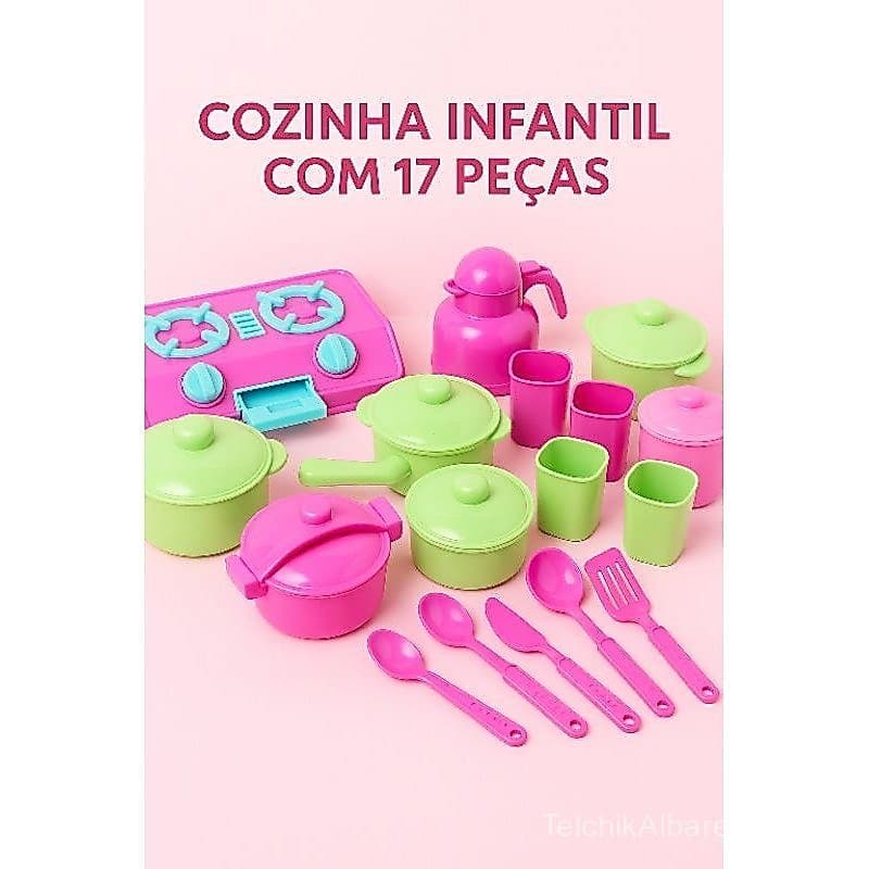 kit Cozinha Infantil Completo Panelinhas + Jogo de Chá + Fogao - 17 Peças Grande - Brinquedo Educativo