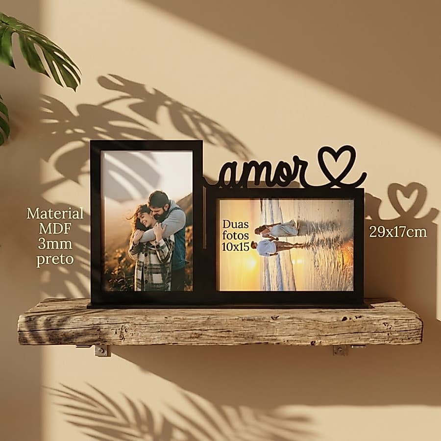 Porta Retrato Amor Família Casal MDF Preto Para 2 Fotos 10x15 Decoração Moderna Presente Afetivo