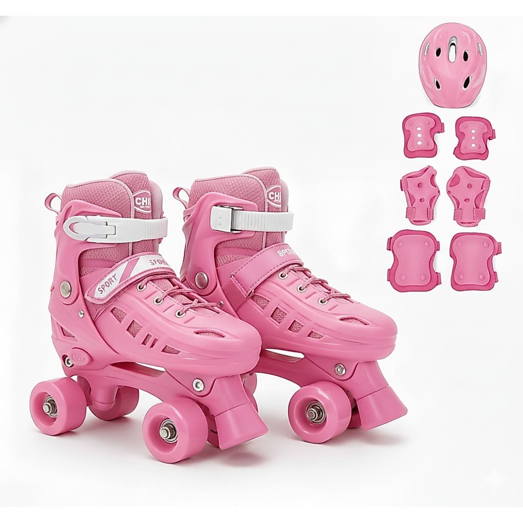 Patins Roller 4 rodas Infantil Quad Rosa Azul Tamanho Ajustável + KIT PROTEÇÃO!