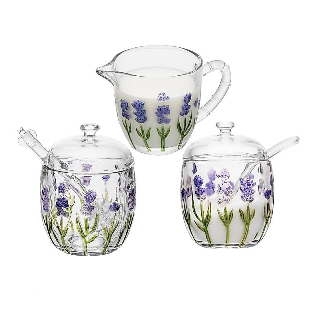 Kit Meleira Açucareiro E Leiteira Lavanda Vidro Mesa Posta café da manhã decoração Wolff