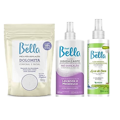 Kit Loção Pré Depilatória Lavanda e Melaleuca 500ml + Loção Pós Água de Coco 300ml + Dolomita 800g Depil Bella