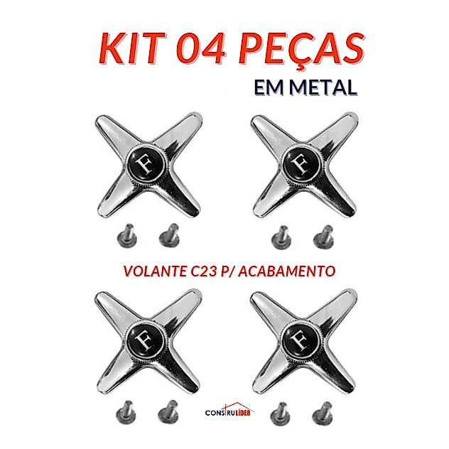 Kit 4 peças - Volante Cruzeta C23 em Metal para Acabamento de Registro de Chuveiro ou Torneira de Cozinha/Banheiro