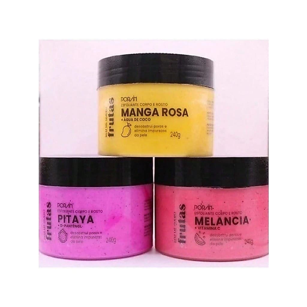 3 Unidades Esfoliante Poran Corpo e Rosto - Melancia , Pitaya, Morango, Pessego e Manga Rosa 240G
