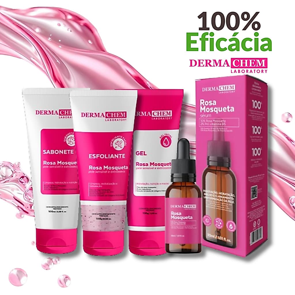 Kit Skincare Rosa Mosqueta Hidratante +Sérum Rosa Mosqueta Clareador 100% Eficacia-Dermachem 4 Itens