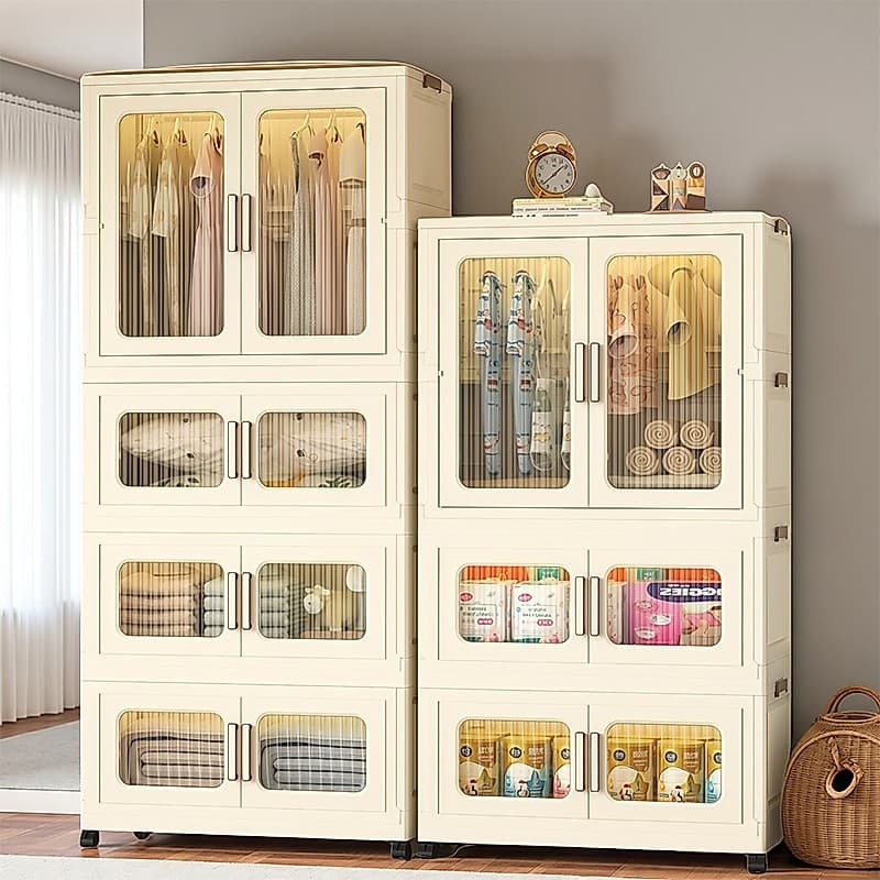 Haosin Armário Organizador Dobrável​​ Guarda-roupa com 3/4 Portas 74CM e Rodinhas Caixa Armazenamento Multiuso Empilhá