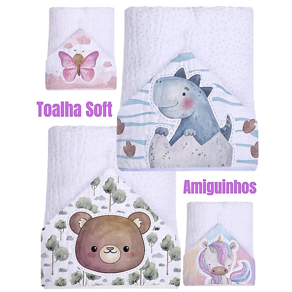 Toalha De Banho Para Bebê com Fralda Soft Amiguinhos Com Capuz